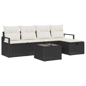 6-teiliges Garten Sofa Set mit Kissen Schwarz Poly Rattan, 2-Sitzer Garten Sofa mit Kissen Schwarz Poly Rattan
