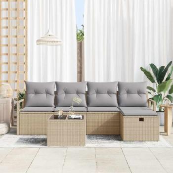 6-teiliges Garten Sofa Set mit Kissen Beige Poly Rattan, 2-Sitzer Garten Sofa mit Kissen Beige Poly Rattan