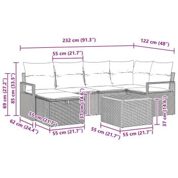 7-teiliges Garten Sofa Set mit Kissen Grau Poly Rattan, 2-Sitzer Garten Sofa mit Kissen Grau Poly Rattan