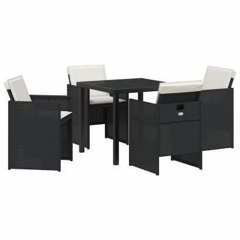5-teiliges Garten Essset mit Polstern Schwarz Poly Rattan, Gartentisch Schwarz 80x80x73 cm Einscheibensicherheitsglas