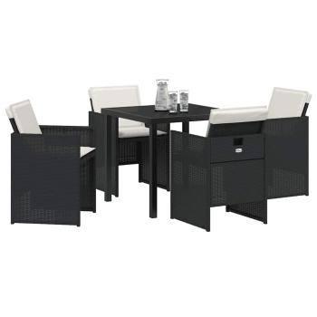 5-teiliges Garten Essset mit Polstern Schwarz Poly Rattan, Gartentisch Schwarz 80x80x73 cm Einscheibensicherheitsglas