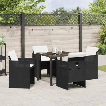 5-teiliges Garten Essset mit Polstern Schwarz Poly Rattan, Gartentisch Schwarz 80x80x73 cm Einscheibensicherheitsglas