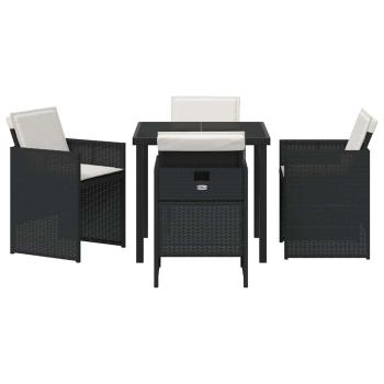 5-teiliges Garten Essset mit Polstern Schwarz Poly Rattan, Gartentisch Schwarz 80x80x73 cm Einscheibensicherheitsglas