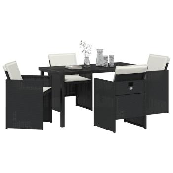 5-teiliges Garten-Essset mit Kissen in Schwarz Poly-Rattan, Gartentisch in Schwarz 140x80x73 cm mit gehärtetem Glas