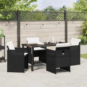 5-teiliges Garten-Essset mit Kissen in Schwarz Poly-Rattan, Gartentisch in Schwarz 140x80x73 cm mit gehärtetem Glas