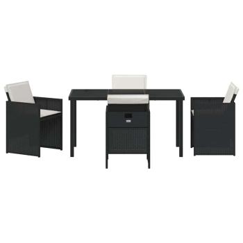 5-teiliges Garten-Essset mit Kissen in Schwarz Poly-Rattan, Gartentisch in Schwarz 140x80x73 cm mit gehärtetem Glas