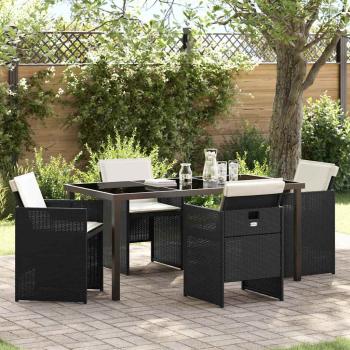 ARDEBO.de - 5-teiliges Garten Essset mit Kissen Schwarz Poly Rattan, Gartentisch Schwarz 160x80x73 cm aus gehärtetem Glas
