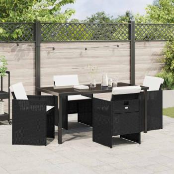 5-teiliges Garten Essset mit Kissen Schwarz Poly Rattan, Gartentisch Schwarz 160x80x73 cm aus gehärtetem Glas
