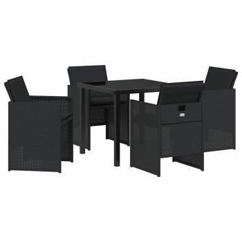 5-teiliges Garten-Esszimmer-Set mit Kissen Schwarz Poly Rattan, Gartentisch Schwarz 80x80x73 cm mit Sicherheitsglas