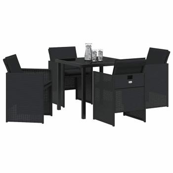 5-teiliges Garten-Esszimmer-Set mit Kissen Schwarz Poly Rattan, Gartentisch Schwarz 80x80x73 cm mit Sicherheitsglas
