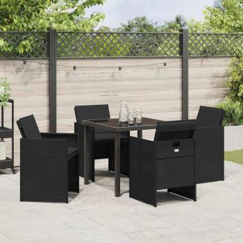 5-teiliges Garten-Esszimmer-Set mit Kissen Schwarz Poly Rattan, Gartentisch Schwarz 80x80x73 cm mit Sicherheitsglas