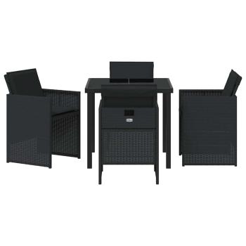 5-teiliges Garten-Esszimmer-Set mit Kissen Schwarz Poly Rattan, Gartentisch Schwarz 80x80x73 cm mit Sicherheitsglas
