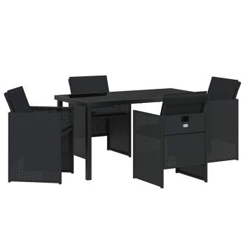5-teiliges Garten-Esstischset mit Kissen Schwarz Poly-Rattan, Gartentisch Schwarz 140x80x73 cm Temperiertes Glas