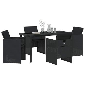 5-teiliges Garten-Esstischset mit Kissen Schwarz Poly-Rattan, Gartentisch Schwarz 140x80x73 cm Temperiertes Glas
