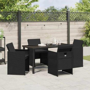 5-teiliges Garten-Esstischset mit Kissen Schwarz Poly-Rattan, Gartentisch Schwarz 140x80x73 cm Temperiertes Glas