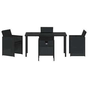 5-teiliges Garten-Esstischset mit Kissen Schwarz Poly-Rattan, Gartentisch Schwarz 140x80x73 cm Temperiertes Glas