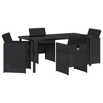 5-teiliges Garten Essmöbel Set mit Kissen Schwarz Poly Rattan, Gartentisch Schwarz 160x80x73 cm Sicherheitsglas