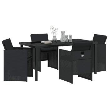 5-teiliges Garten Essmöbel Set mit Kissen Schwarz Poly Rattan, Gartentisch Schwarz 160x80x73 cm Sicherheitsglas