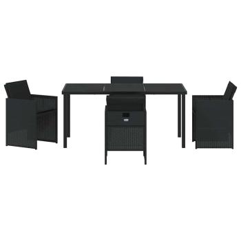 5-teiliges Garten Essmöbel Set mit Kissen Schwarz Poly Rattan, Gartentisch Schwarz 160x80x73 cm Sicherheitsglas