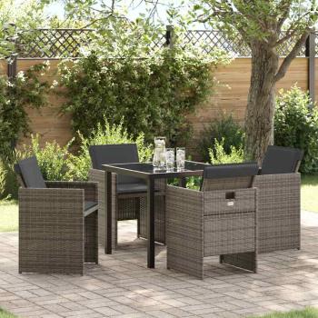 ARDEBO.de - 5-teiliges Garten-Esszimmer Set mit Kissen Grau Poly Rattan, Gartentisch Schwarz 80x80x73 cm Tempered Glass