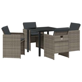 5-teiliges Garten-Esszimmer Set mit Kissen Grau Poly Rattan, Gartentisch Schwarz 80x80x73 cm Tempered Glass