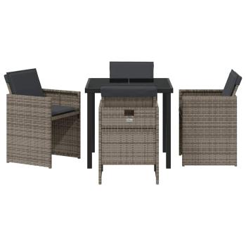 5-teiliges Garten-Esszimmer Set mit Kissen Grau Poly Rattan, Gartentisch Schwarz 80x80x73 cm Tempered Glass
