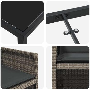 5-teiliges Garten-Esszimmer Set mit Kissen Grau Poly Rattan, Gartentisch Schwarz 80x80x73 cm Tempered Glass