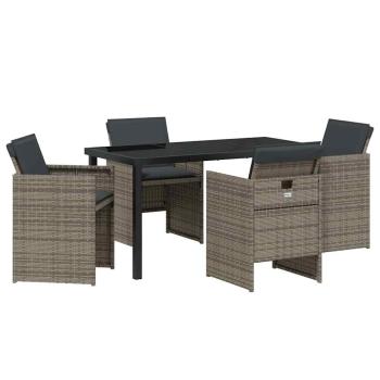 5-teiliges Garten Esstisch Set mit Kissen Grau Poly Rattan, Gartentisch Schwarz 140x80x73 cm Sicherheitsglas