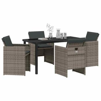 5-teiliges Garten Esstisch Set mit Kissen Grau Poly Rattan, Gartentisch Schwarz 140x80x73 cm Sicherheitsglas