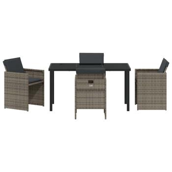 5-teiliges Garten Esstisch Set mit Kissen Grau Poly Rattan, Gartentisch Schwarz 140x80x73 cm Sicherheitsglas