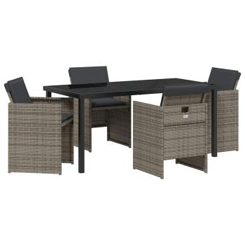 5-teilige Garten Essgruppe mit Kissen in Grau aus Polyrattan, Gartentisch Schwarz 160x80x73 cm mit gehärtetem Glas