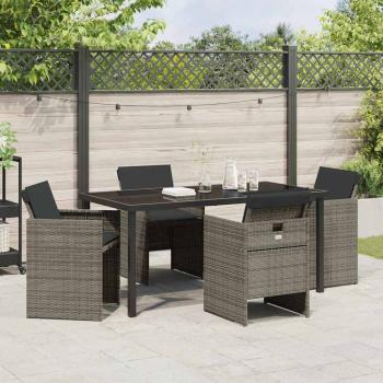 5-teilige Garten Essgruppe mit Kissen in Grau aus Polyrattan, Gartentisch Schwarz 160x80x73 cm mit gehärtetem Glas