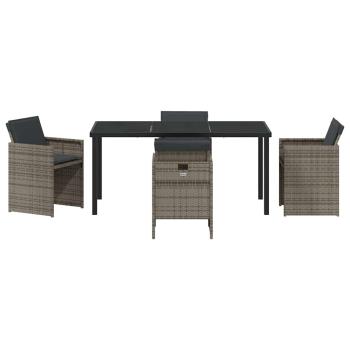 5-teilige Garten Essgruppe mit Kissen in Grau aus Polyrattan, Gartentisch Schwarz 160x80x73 cm mit gehärtetem Glas
