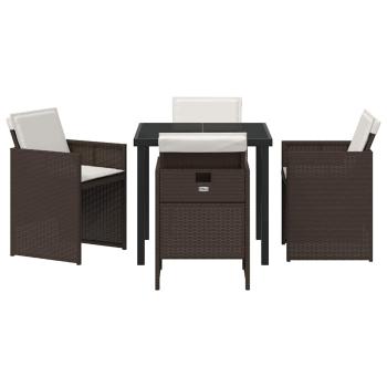 5-teiliges Garten Essset mit Kissen Braun Poly Rattan, Gartentisch Schwarz 80x80x73 cm Sicherheitsglas