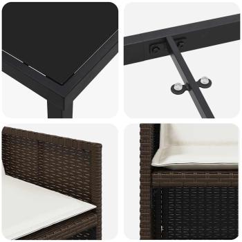 5-teiliges Garten Essset mit Kissen Braun Poly Rattan, Gartentisch Schwarz 80x80x73 cm Sicherheitsglas