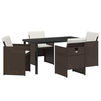 5-teiliges Garten Essset mit Kissen, brauner Poly-Rattan, Gartentisch schwarz 140x80x73 cm mit gehärtetem Glas