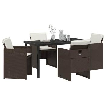 5-teiliges Garten Essset mit Kissen, brauner Poly-Rattan, Gartentisch schwarz 140x80x73 cm mit gehärtetem Glas