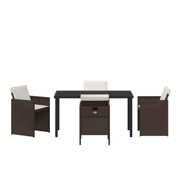 5-teiliges Garten Essset mit Kissen, brauner Poly-Rattan, Gartentisch schwarz 140x80x73 cm mit gehärtetem Glas