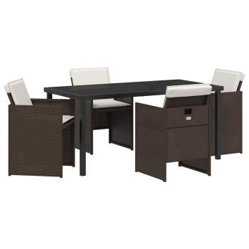 5-teiliges Garten Essset mit Kissen Braunes Poly Rattan, Gartentisch Schwarz 160x80x73 cm Gehärtetes Glas