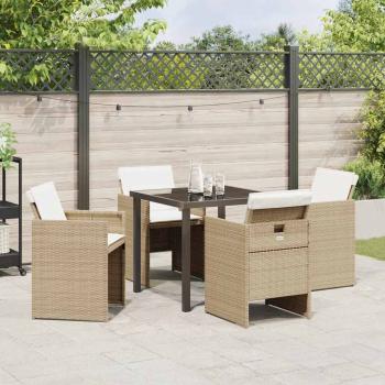 5-teiliges Garten Essset mit Kissen Beige Poly Rattan, Gartentisch Schwarz 80x80x73 cm Temperglas