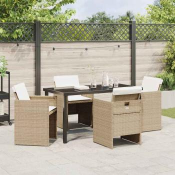 5-teiliges Garten-Esszimmer-Set mit Kissen Beige Poly Rattan, Gartentisch Schwarz 140x80x73 cm Sicherheitsglas