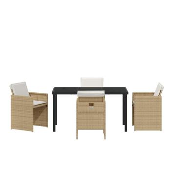 5-teiliges Garten-Esszimmer-Set mit Kissen Beige Poly Rattan, Gartentisch Schwarz 140x80x73 cm Sicherheitsglas