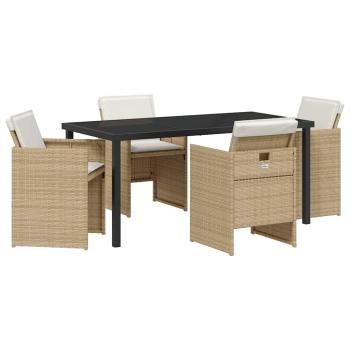 5-teiliges Garten-Esszimmer-Set mit Kissen Beige Poly Rattan, Gartentisch Schwarz 160x80x73 cm Sicherheitsglas
