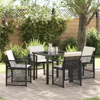ARDEBO.de - 5-teiliges Garten-Essset mit Kissen Schwarz Poly Rattan, Gartentisch Schwarz 80x80x73 cm Tempered Glass