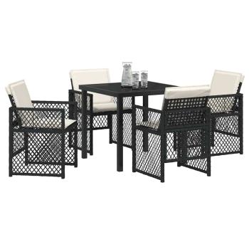 5-teiliges Garten-Essset mit Kissen Schwarz Poly Rattan, Gartentisch Schwarz 80x80x73 cm Tempered Glass