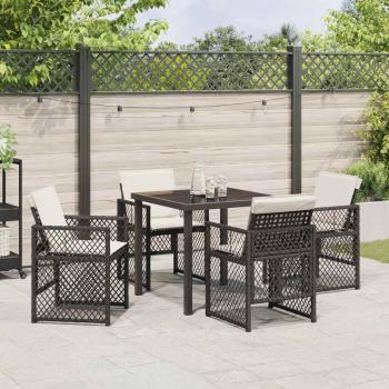 5-teiliges Garten-Essset mit Kissen Schwarz Poly Rattan, Gartentisch Schwarz 80x80x73 cm Tempered Glass