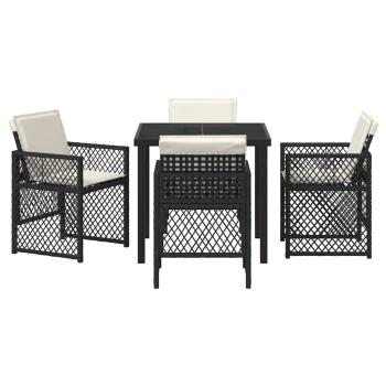 5-teiliges Garten-Essset mit Kissen Schwarz Poly Rattan, Gartentisch Schwarz 80x80x73 cm Tempered Glass