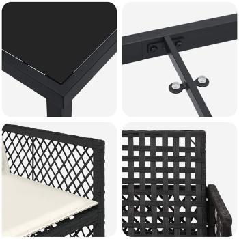 5-teiliges Garten-Essset mit Kissen Schwarz Poly Rattan, Gartentisch Schwarz 80x80x73 cm Tempered Glass