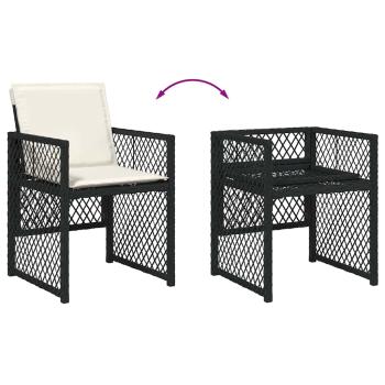 5-teiliges Garten-Essset mit Kissen Schwarz Poly Rattan, Gartentisch Schwarz 80x80x73 cm Tempered Glass