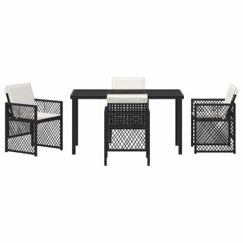 5-teiliges Garten Essgruppe mit Kissen Schwarz Poly Rattan, Gartentisch Schwarz 140x80x73 cm Gehärtetes Glas